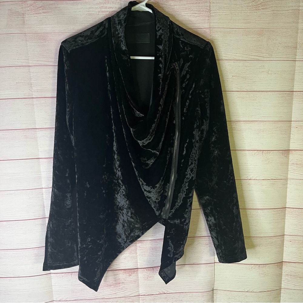 Blank NYC Black Crushed Velvet Asymmetrical Draped Moto Jacket Size Medium